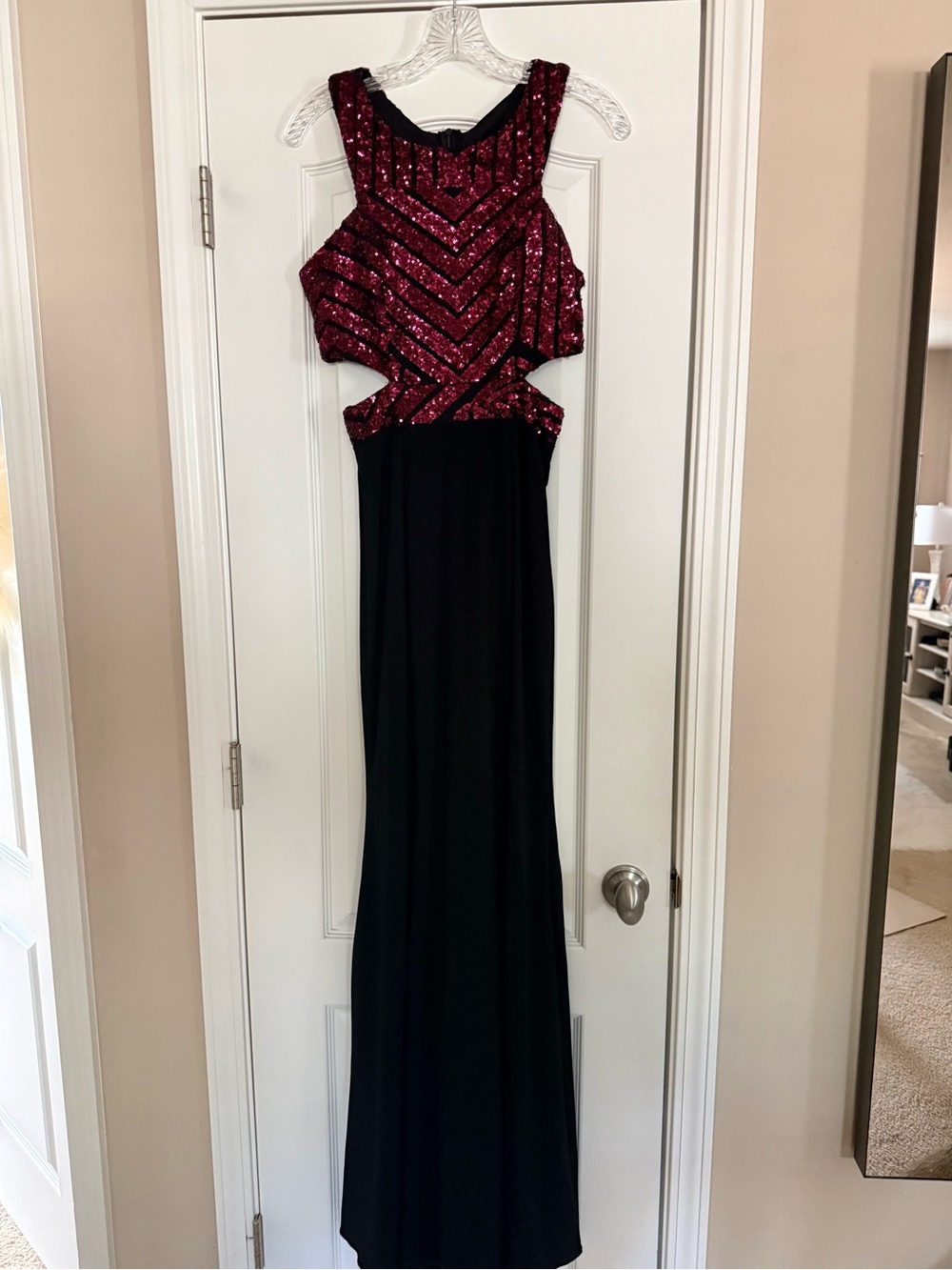 Sequin Cutout Evening Gown - Black and Burgundy